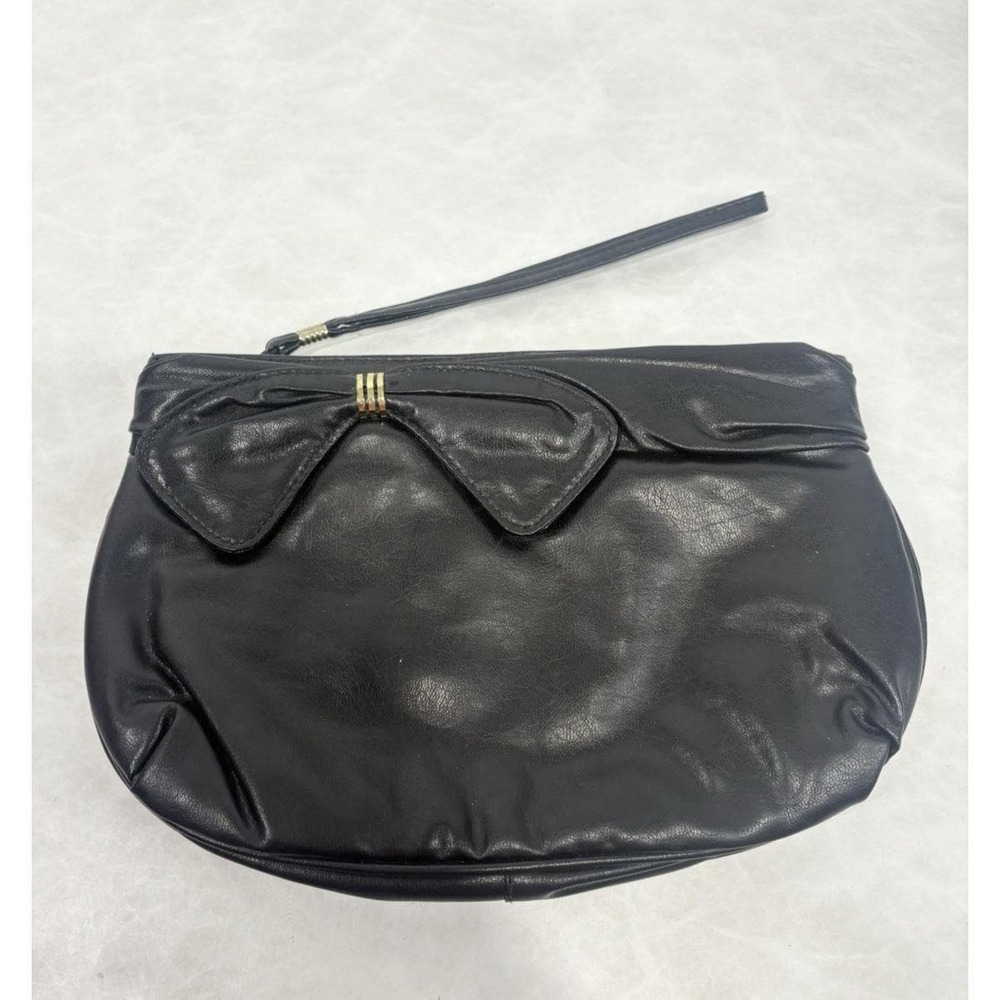 Vintage Black Faux Leather Wristlet Clutch Purse Gold Tone Detail 10x6 Taiwan